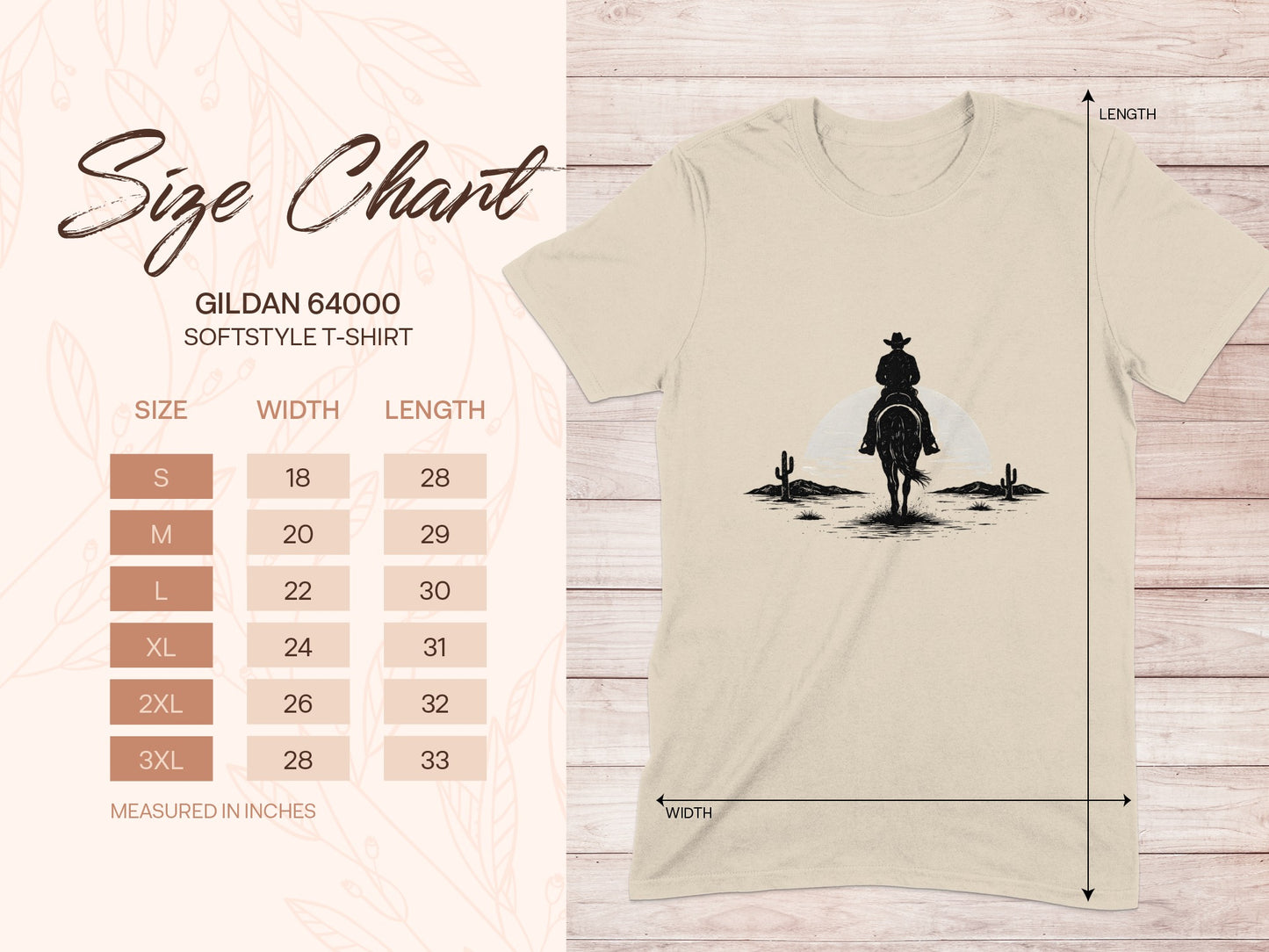 Gildan 64000 Softstyle T-shirt size chart with measurements.