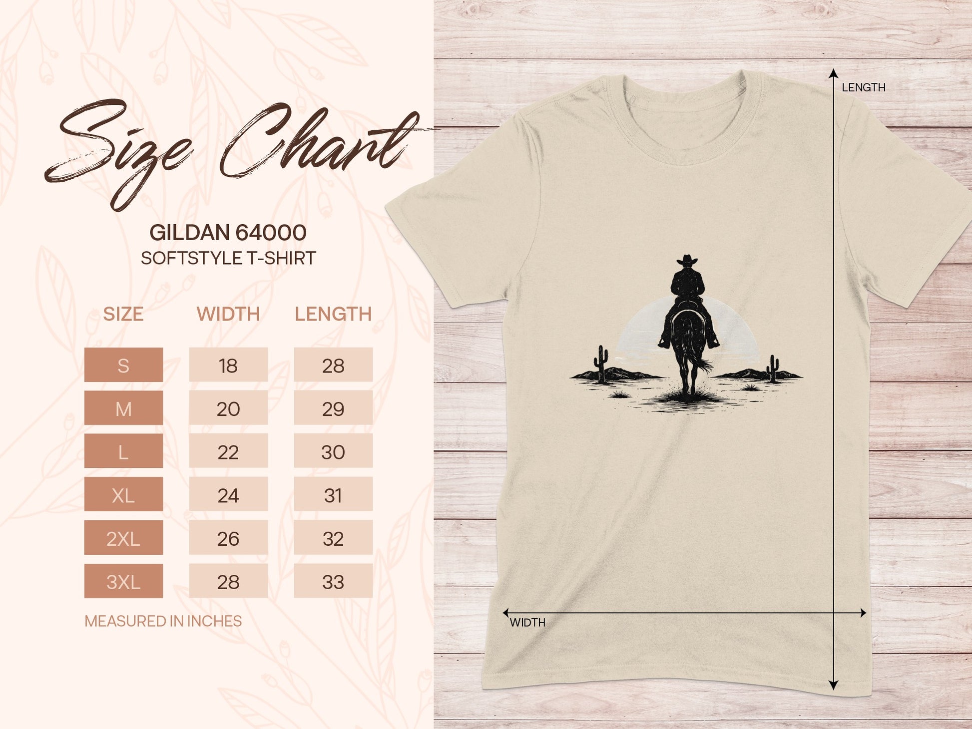 Gildan 64000 Softstyle T-shirt size chart with measurements.
