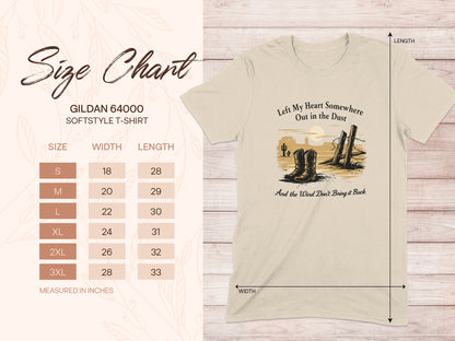 Gildan 64000 t-shirt size chart with graphic of boots and desert landscape.