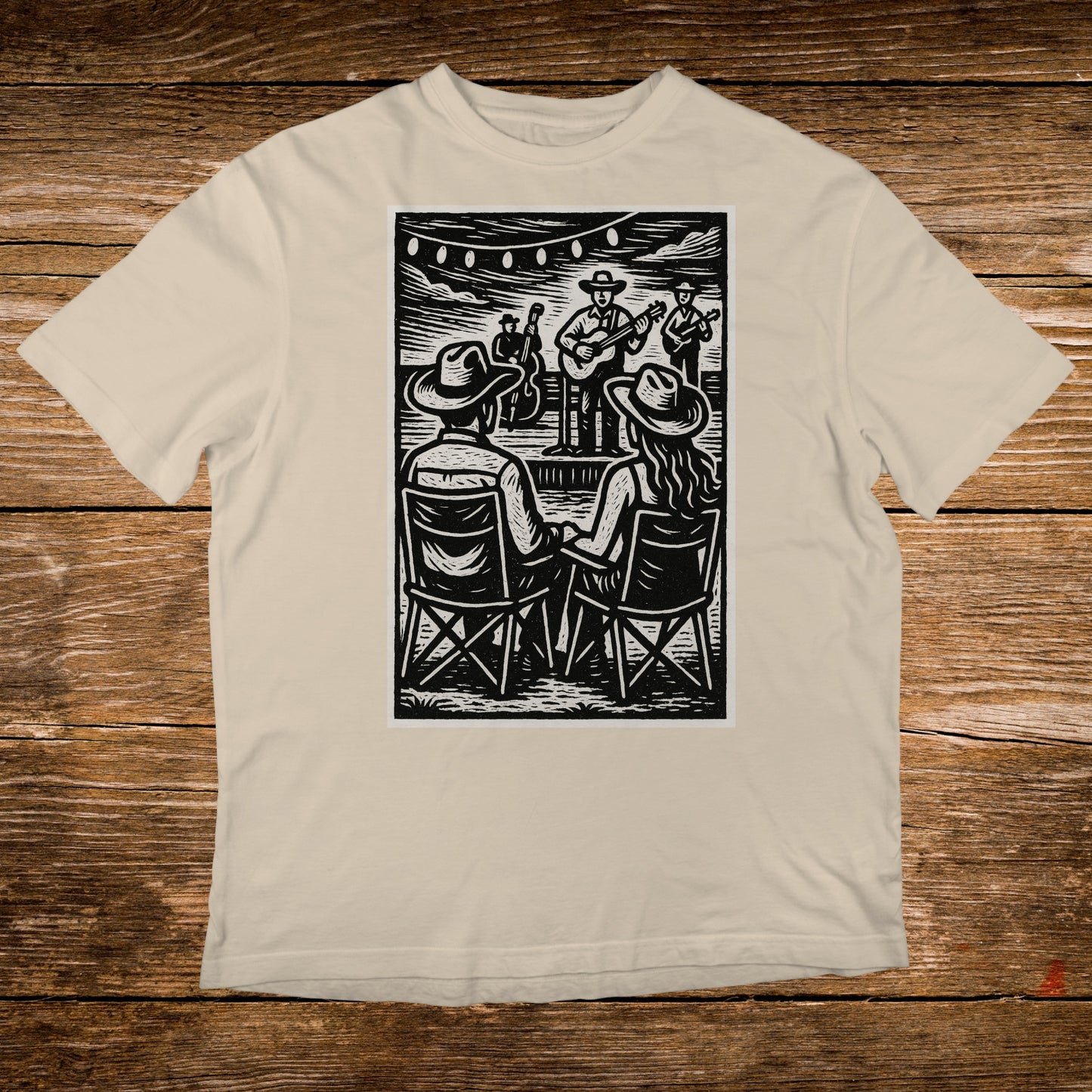 Woodcut-style illustration of a band playing outdoors for seated audience.