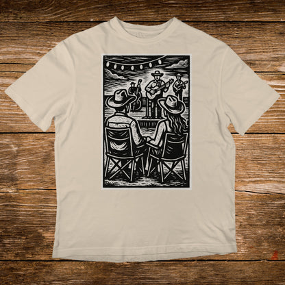 Woodcut-style illustration of a band playing outdoors for seated audience.