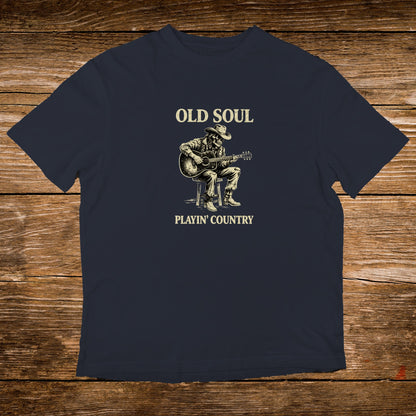Navy t-shirt with a skeleton playing guitar, text "OLD SOUL PLAYIN' COUNTRY".