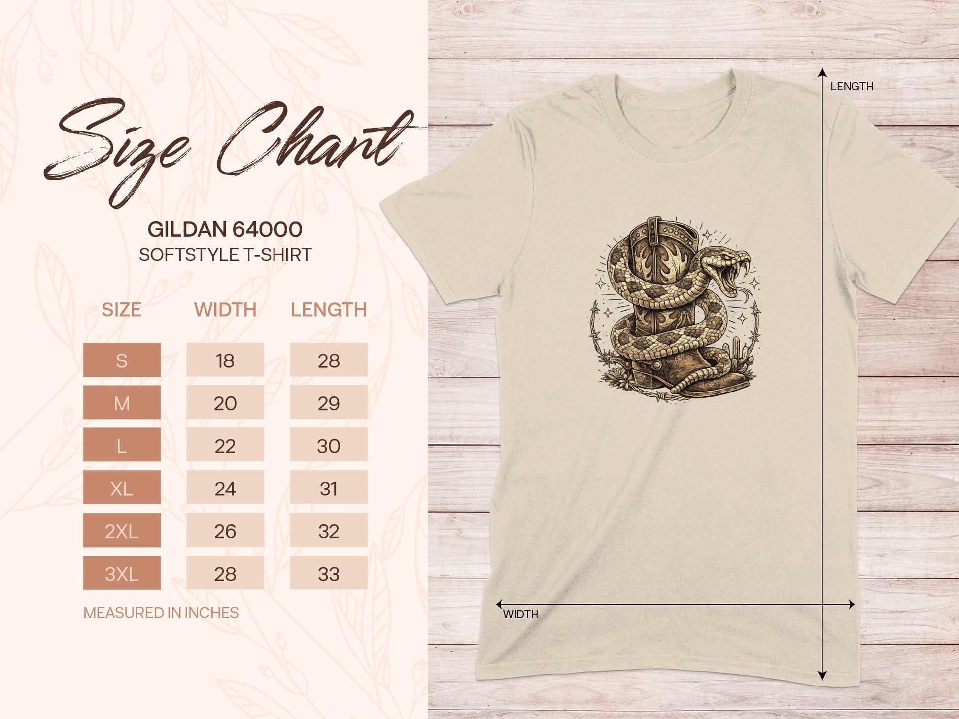 Gildan 64000 Softstyle T-Shirt size chart with width and length measurements.