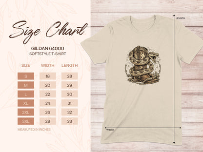 Gildan 64000 Softstyle T-Shirt size chart with width and length measurements.