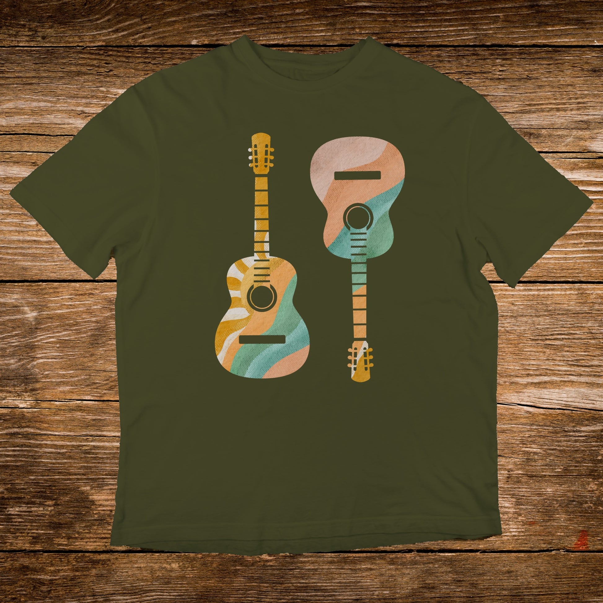 Two acoustic guitars with a colorful, wavy pattern on a green t-shirt.