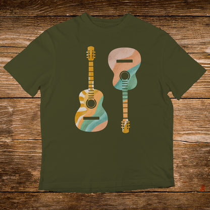 Two acoustic guitars with a colorful, wavy pattern on a green t-shirt.