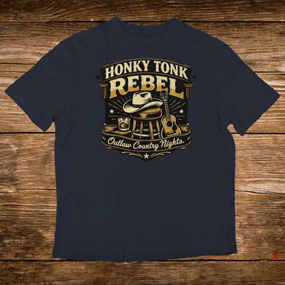 Navy t-shirt with "Honky Tonk Rebel Outlaw Country Nights" text and western design.
