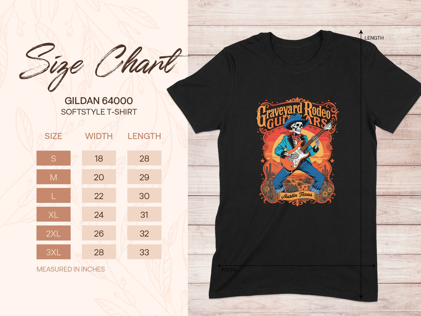 Gildan 64000 softstyle t-shirt size chart with measurements.