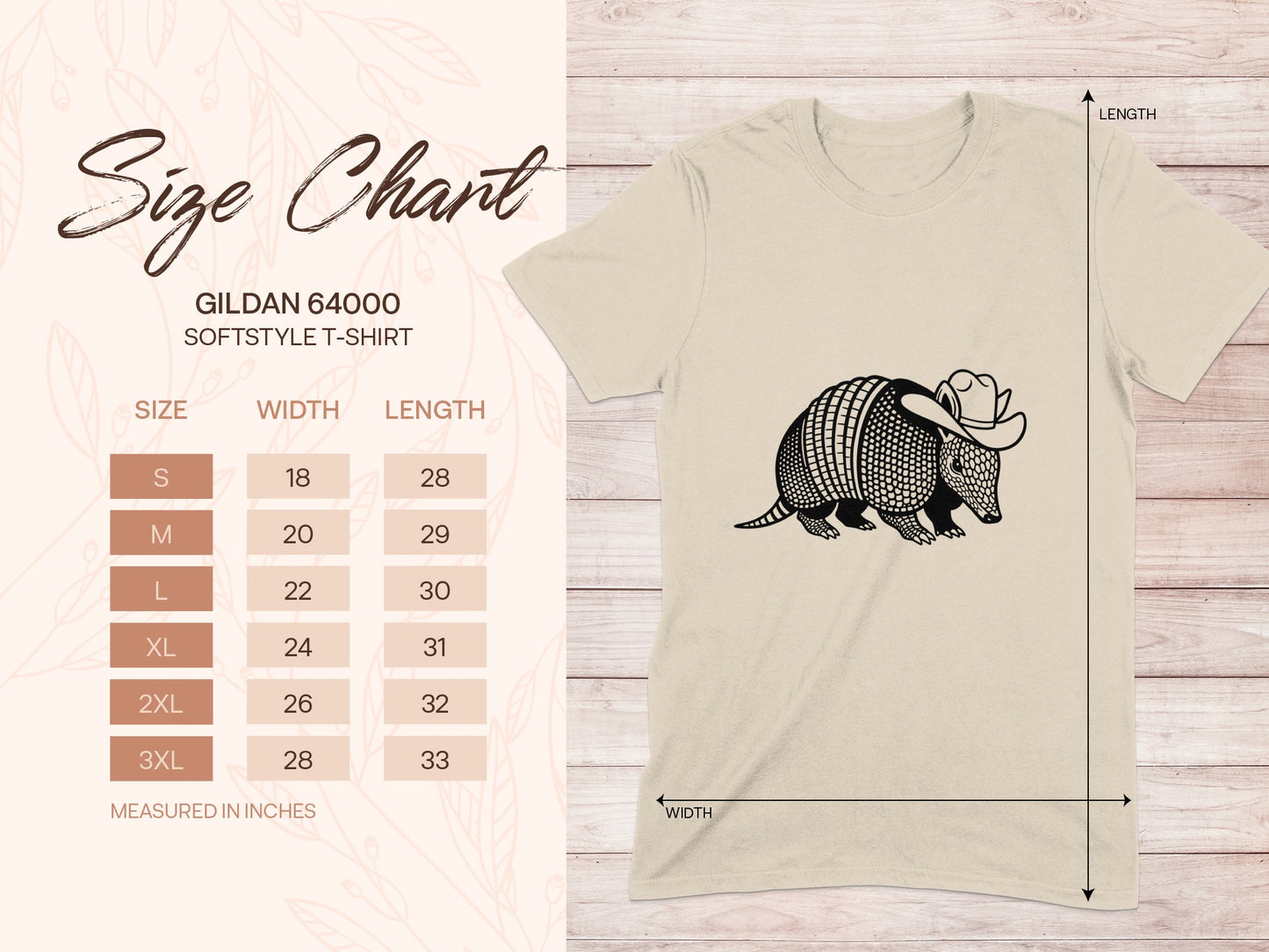 Gildan 64000 size chart for softstyle t-shirt with armadillo graphic.