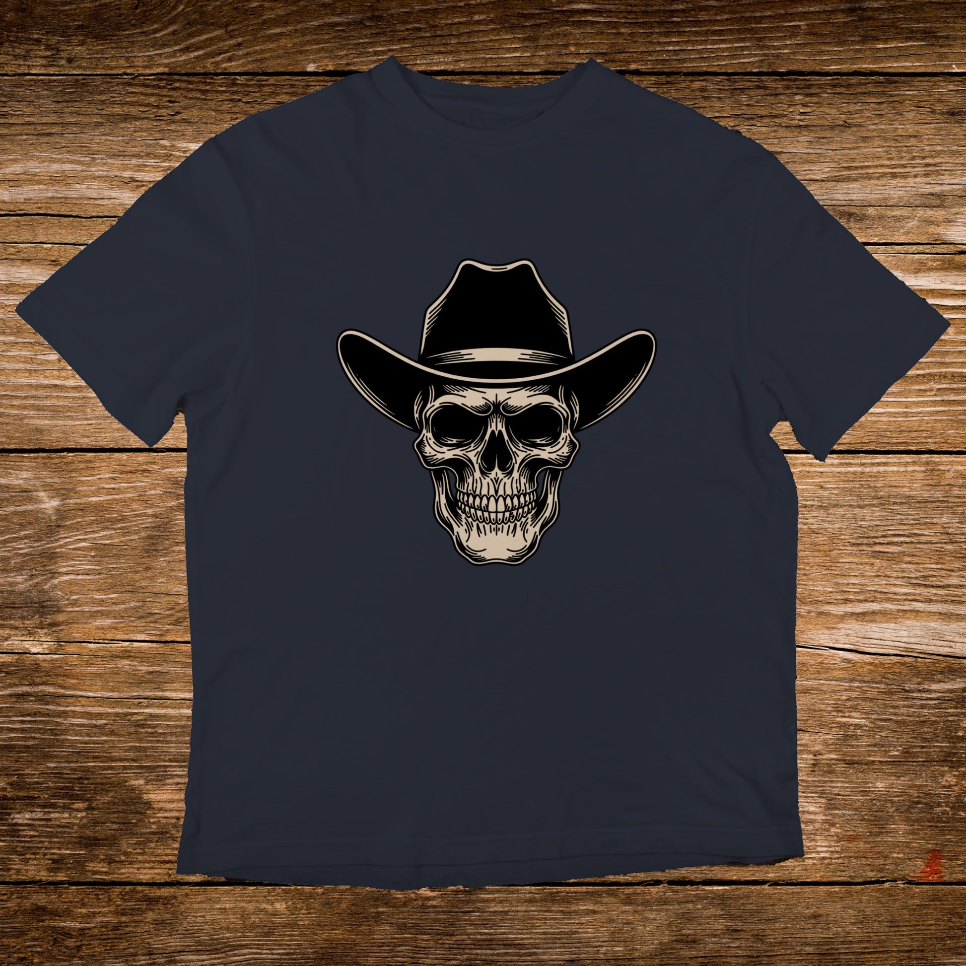 Dark navy t-shirt with a skull wearing a cowboy hat graphic.