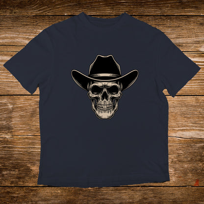 Dark navy t-shirt with a skull wearing a cowboy hat graphic.