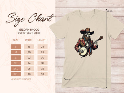Gildan 64000 softstyle t-shirt size chart with cowboy skeleton graphic.