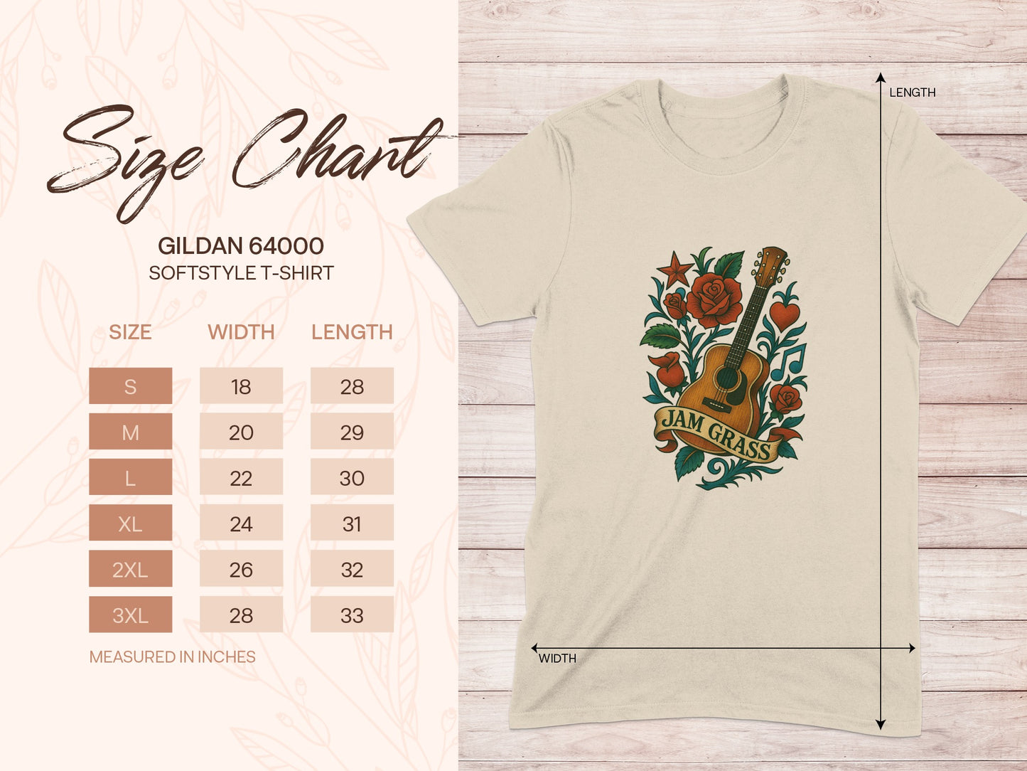 Gildan 64000 size chart for softstyle t-shirts with width and length measurements.