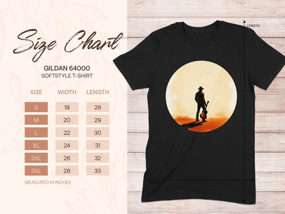 Gildan 64000 softstyle t-shirt size chart with graphic of cowboy silhouette at sunset.