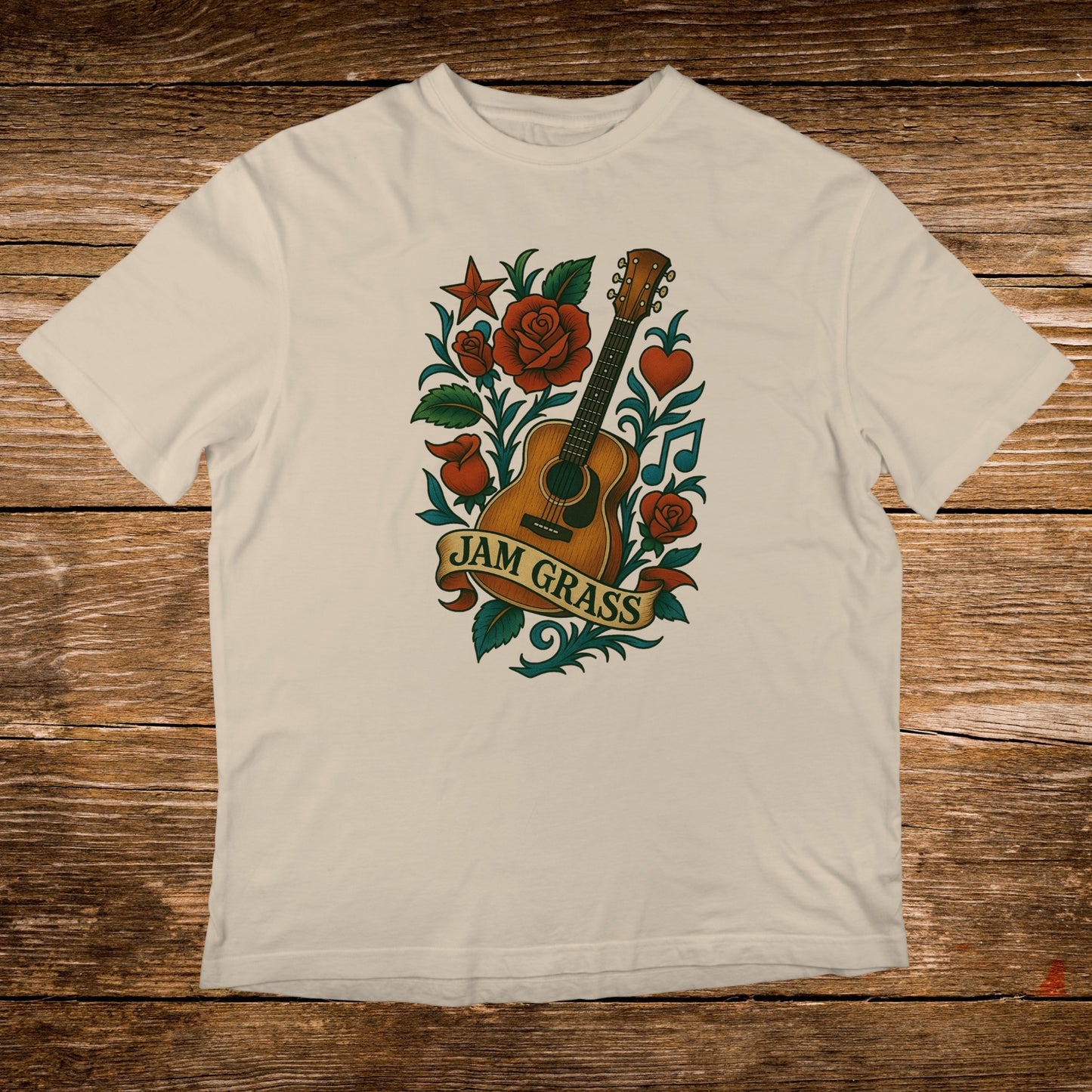 Cream t-shirt with JAM GRASS text, acoustic guitar, roses, and musical notes.