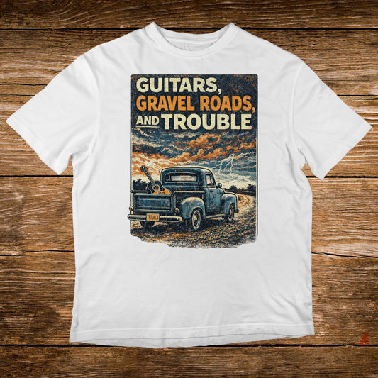 Vintage truck carrying guitars on a dirt road with stormy skies.