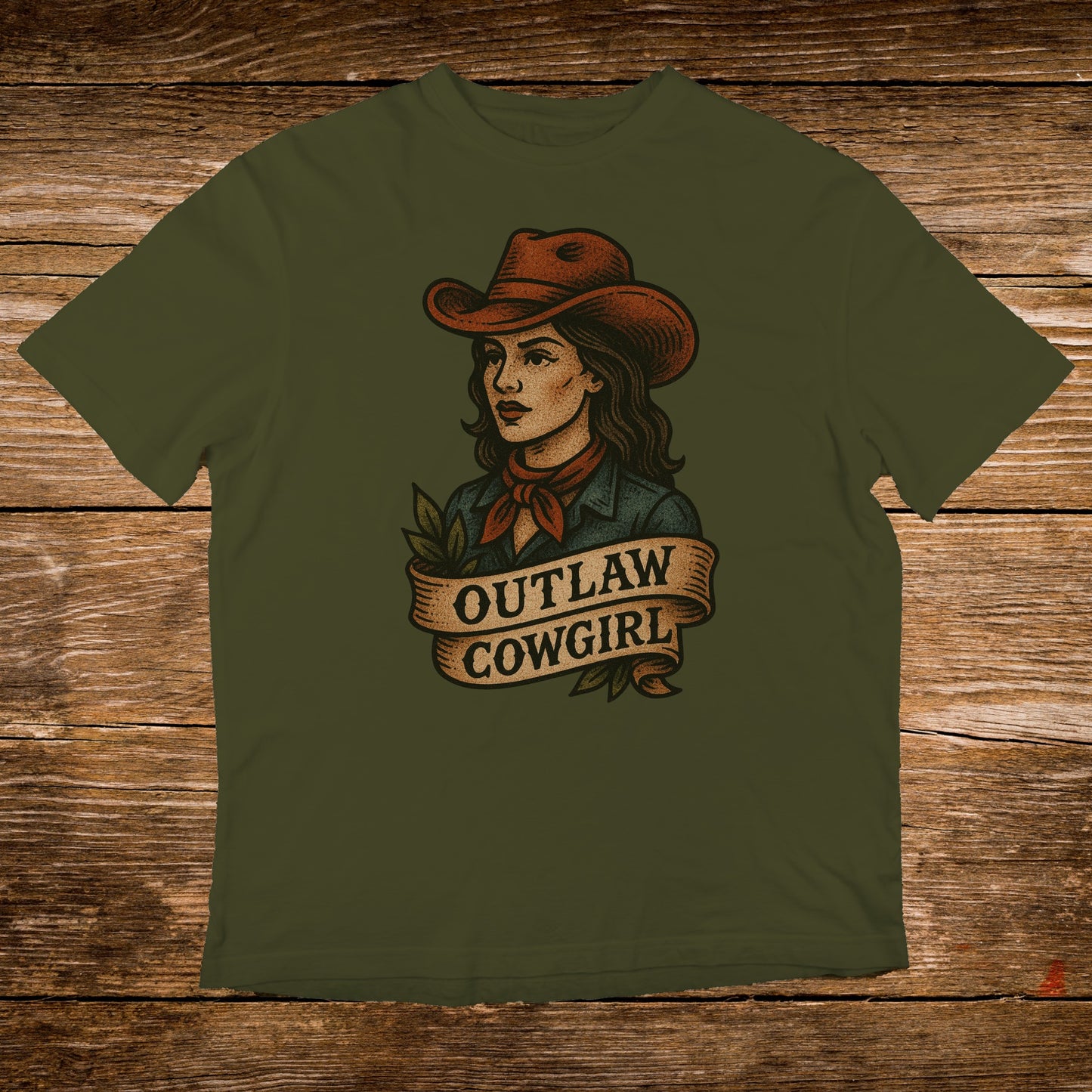 T-shirt featuring "Outlaw Cowgirl" text above a stylized woman's portrait.