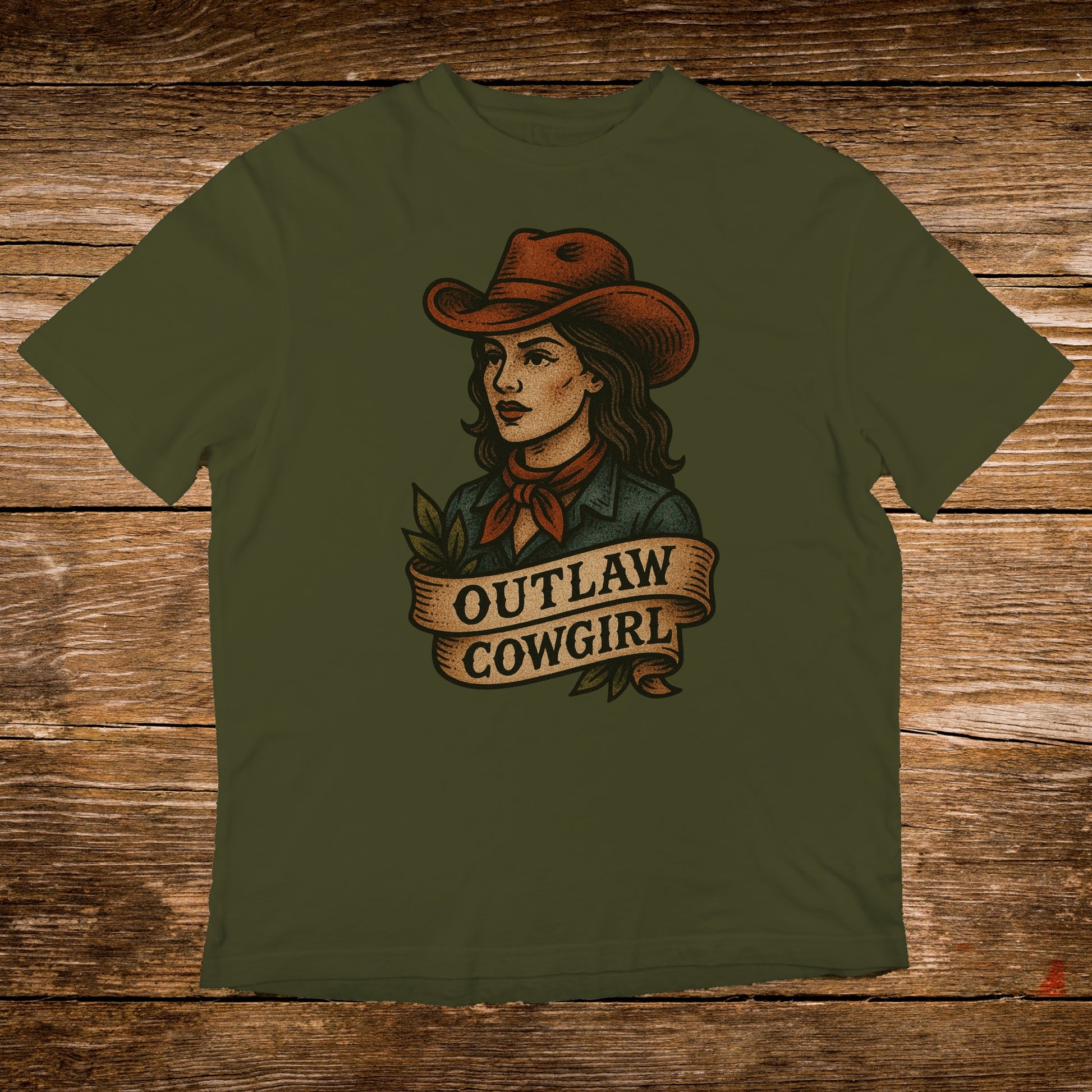 T-shirt featuring "Outlaw Cowgirl" text above a stylized woman's portrait.
