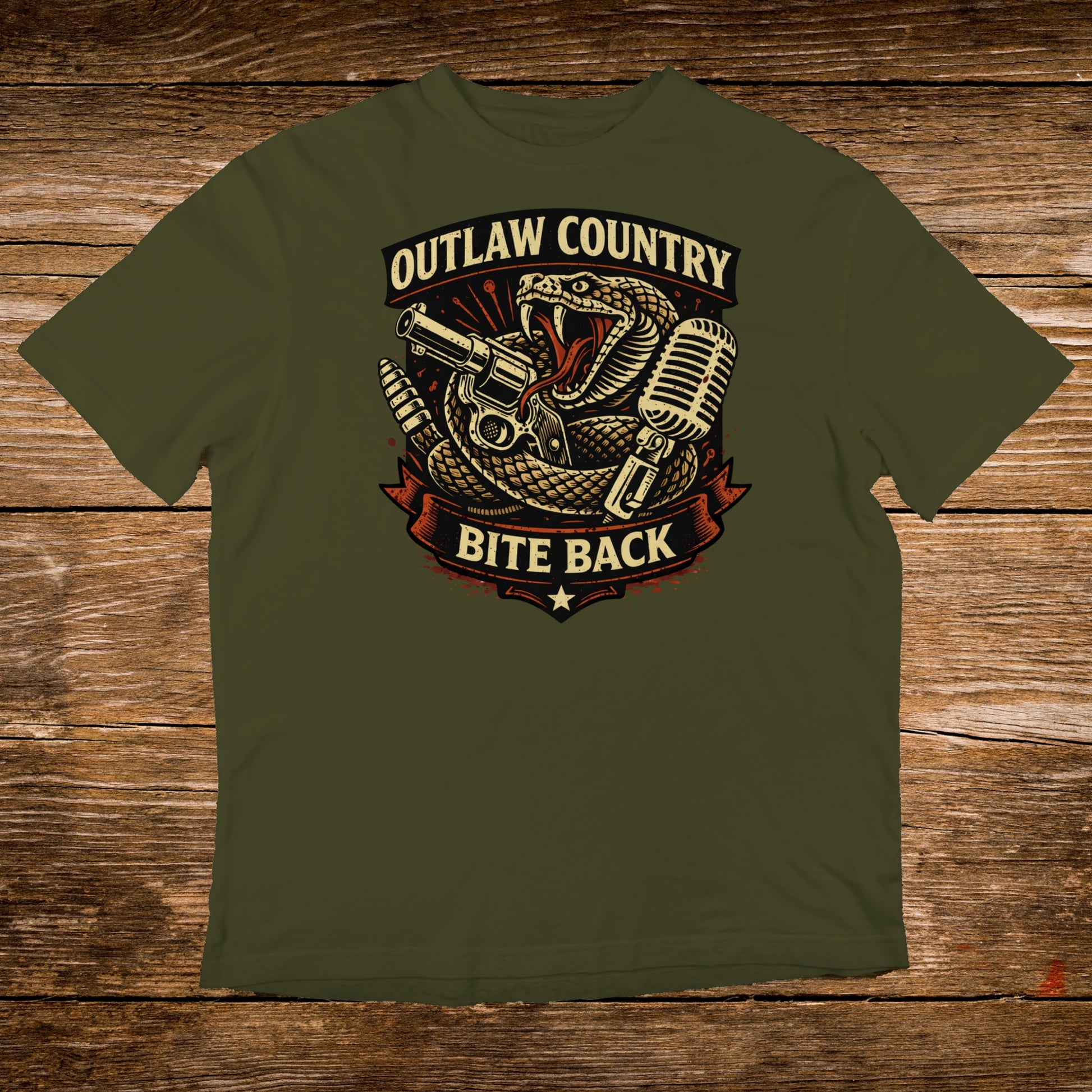 Green t-shirt with outlaw country snake, gun, and microphone design.