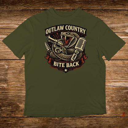 Green t-shirt with outlaw country snake, gun, and microphone design.