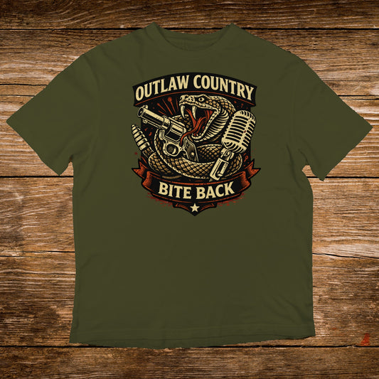 Green t-shirt with outlaw country snake, gun, and microphone design.