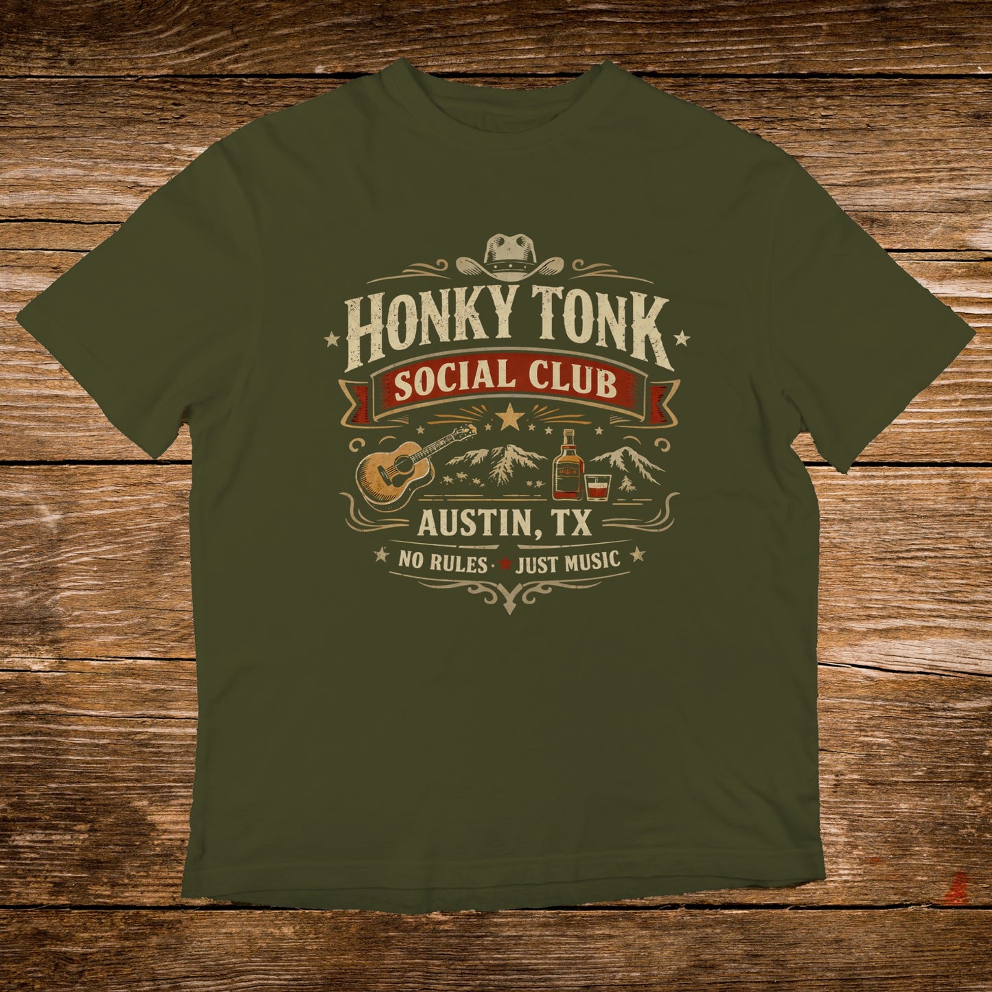 Olive green t-shirt with "Honky Tonk Social Club" and "Austin, TX" text.