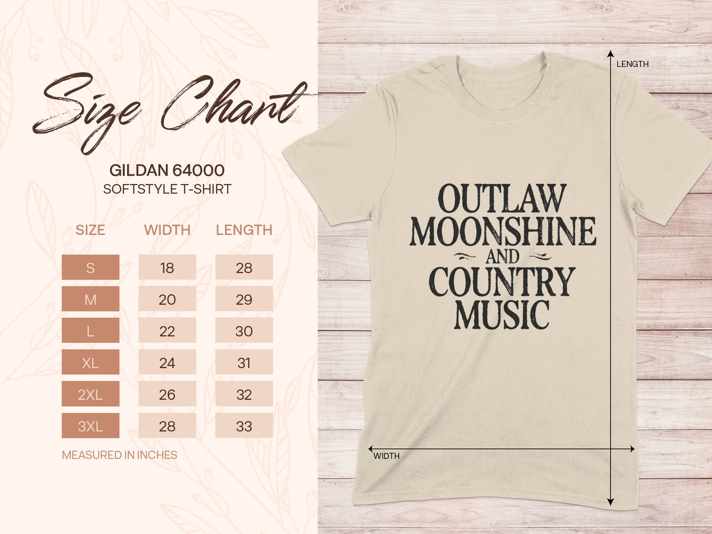 Gildan 64000 size chart for Outlaw Moonshine and Country Music t-shirt.