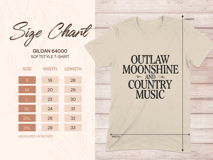 Gildan 64000 size chart for Outlaw Moonshine and Country Music t-shirt.