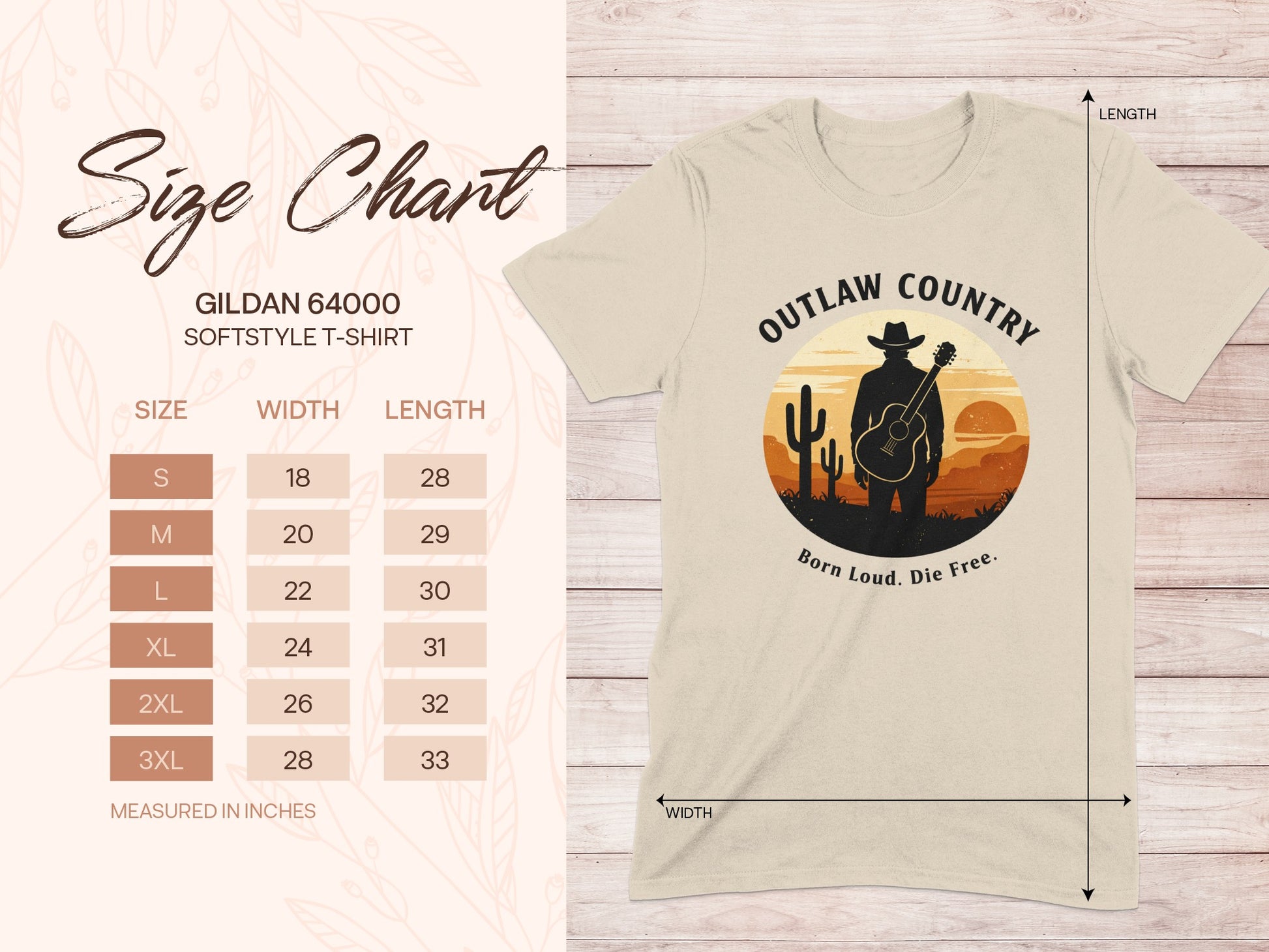 Gildan 64000 t-shirt size chart with "Outlaw Country" graphic.