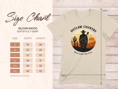 Gildan 64000 t-shirt size chart with "Outlaw Country" graphic.