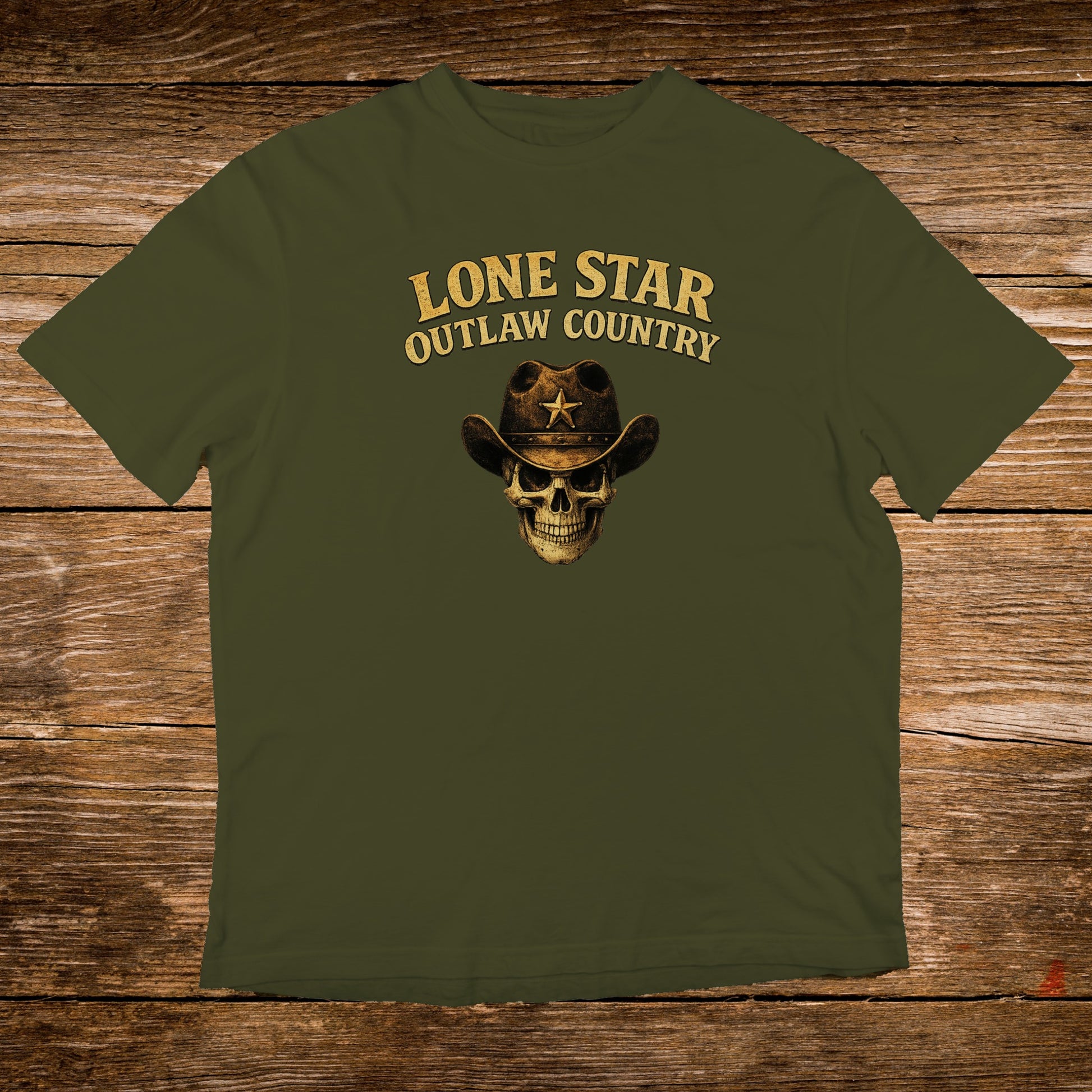 Green t-shirt with "Lone Star Outlaw Country" text and skull wearing a cowboy hat.
