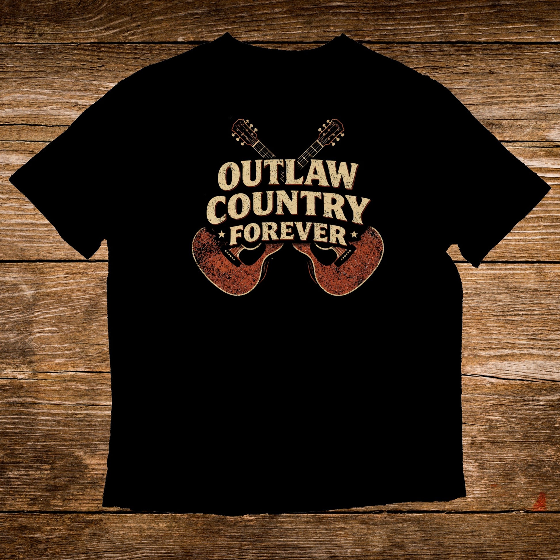 Black t-shirt with "Outlaw Country Forever" and crossed guitars graphic.