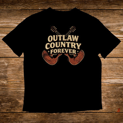 Black t-shirt with "Outlaw Country Forever" and crossed guitars graphic.
