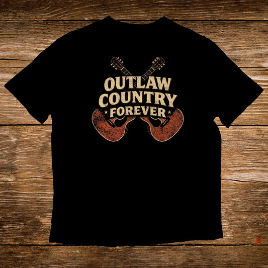 Black t-shirt with "Outlaw Country Forever" and crossed guitars graphic.