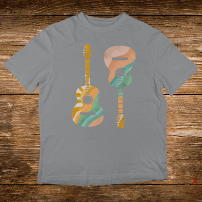 Two stylized guitars with wavy abstract patterns on a gray t-shirt.