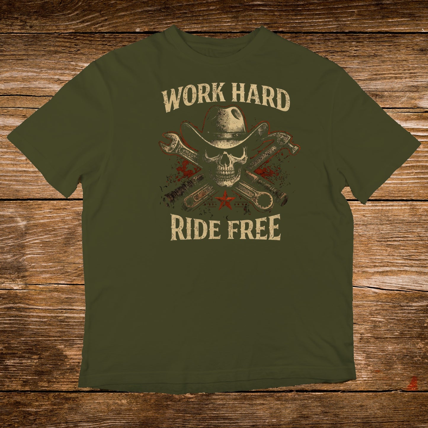 Green t-shirt with skull, cowboy hat, crossed wrenches, and text "WORK HARD RIDE FREE".
