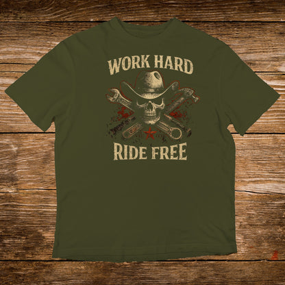 Green t-shirt with skull, cowboy hat, crossed wrenches, and text "WORK HARD RIDE FREE".