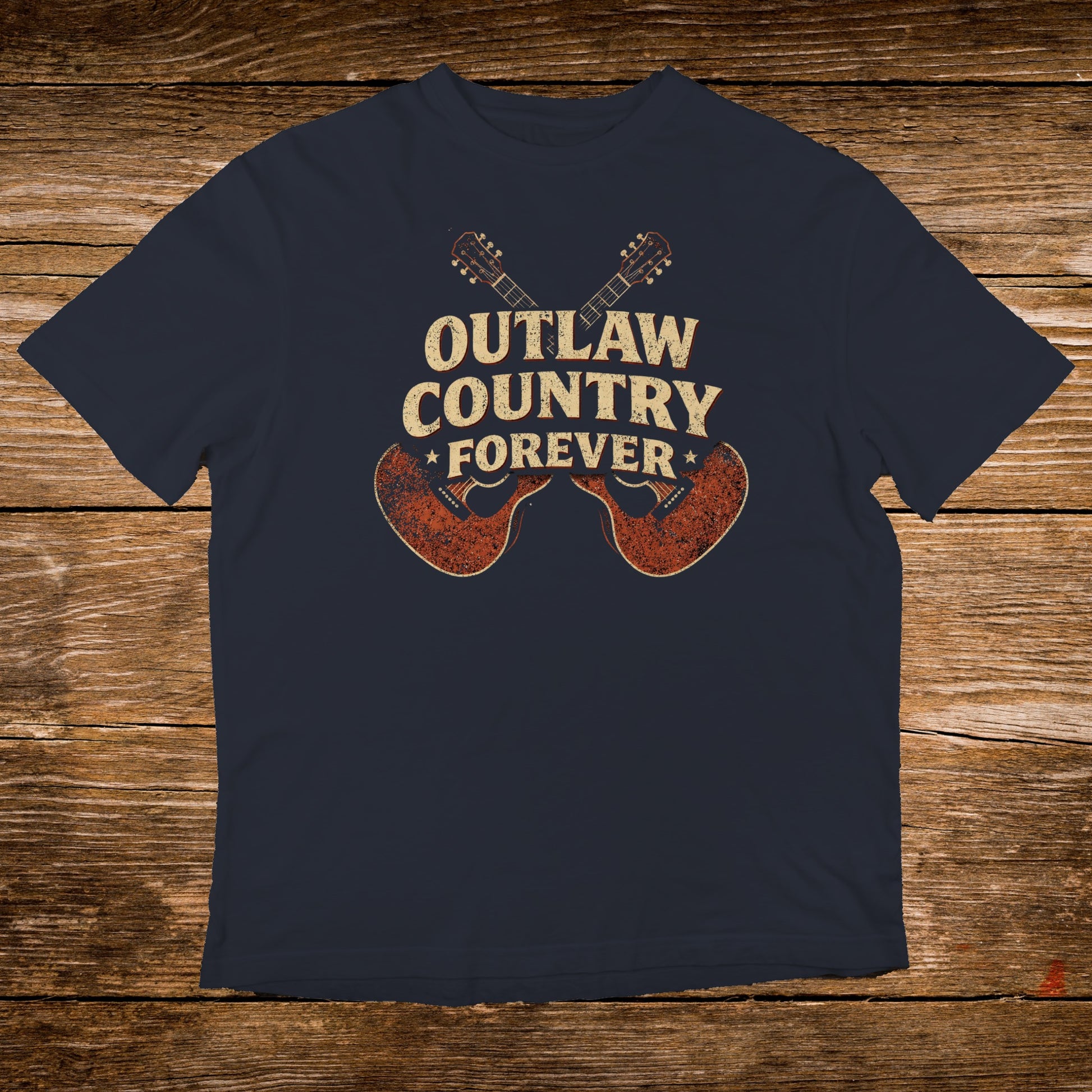 Navy t-shirt with "Outlaw Country Forever" and crossed guitars graphic.