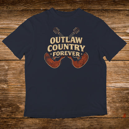 Navy t-shirt with "Outlaw Country Forever" and crossed guitars graphic.