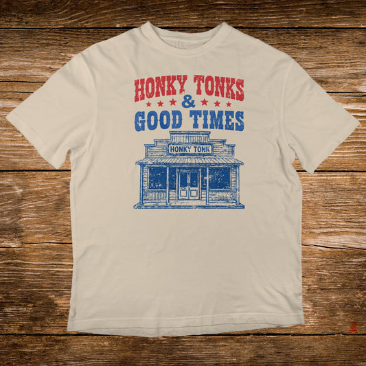 Cream t-shirt with distressed "Honky Tonks & Good Times" text and building graphic.