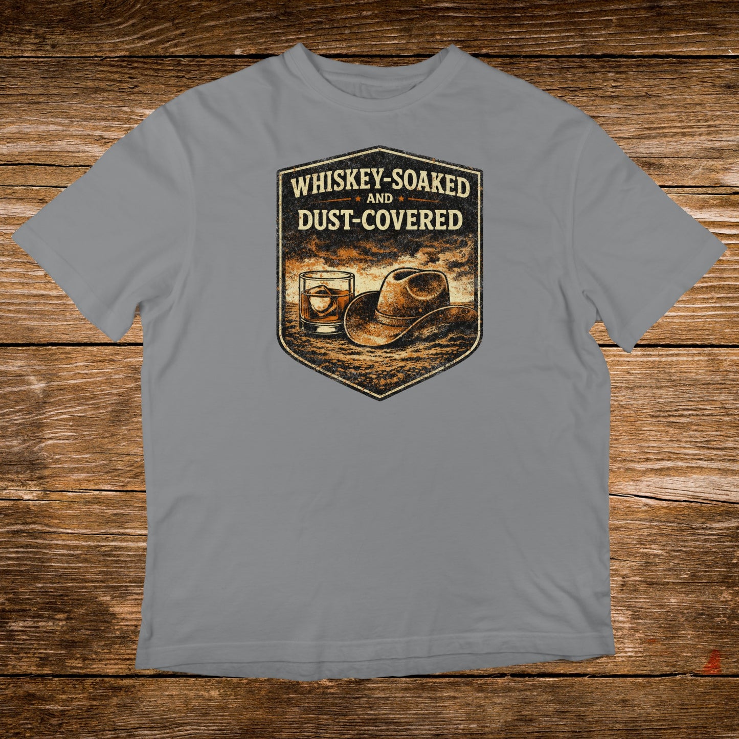 Grey t-shirt with distressed graphic of whiskey glass and cowboy hat.