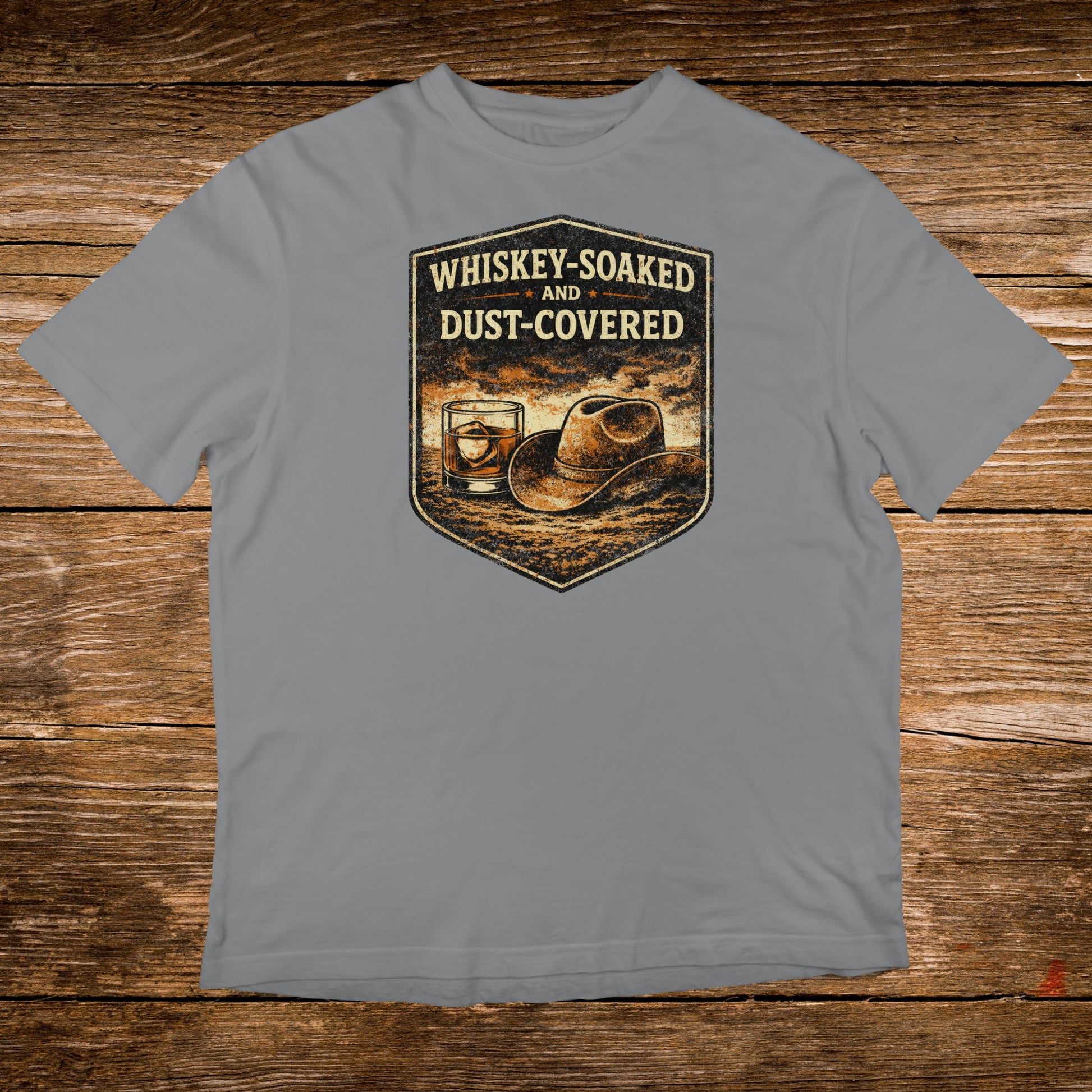 Grey t-shirt with distressed graphic of whiskey glass and cowboy hat.