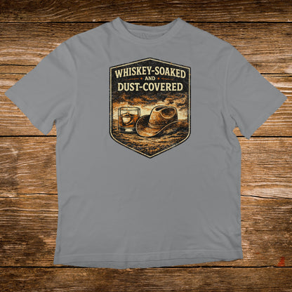 Grey t-shirt with distressed graphic of whiskey glass and cowboy hat.