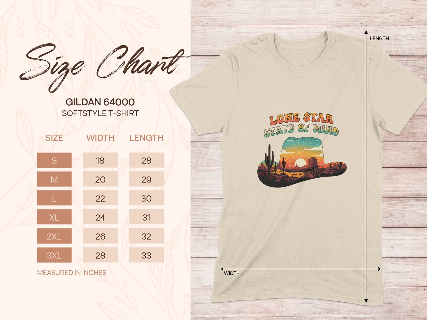 Gildan 64000 T-shirt size chart with "Lone Star State of Mind" graphic.