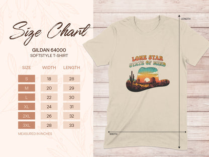 Gildan 64000 T-shirt size chart with "Lone Star State of Mind" graphic.
