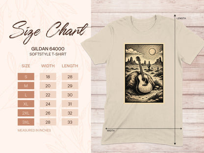 Gildan 64000 Softstyle t-shirt size chart with garment dimensions.