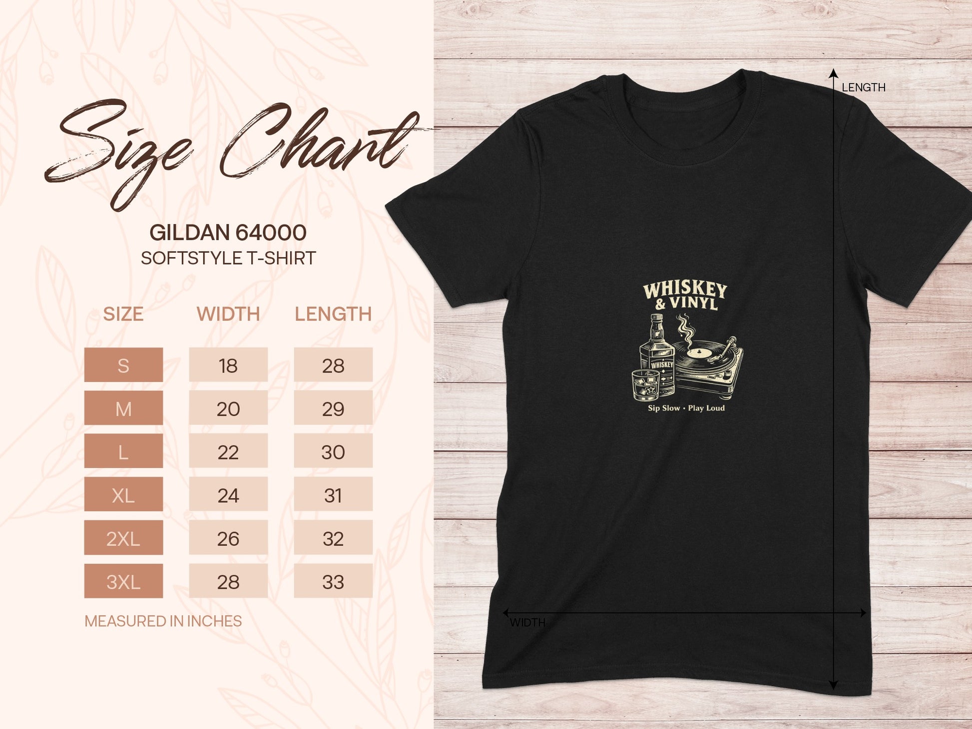 Gildan 64000 softstyle t-shirt size chart with width and length measurements.