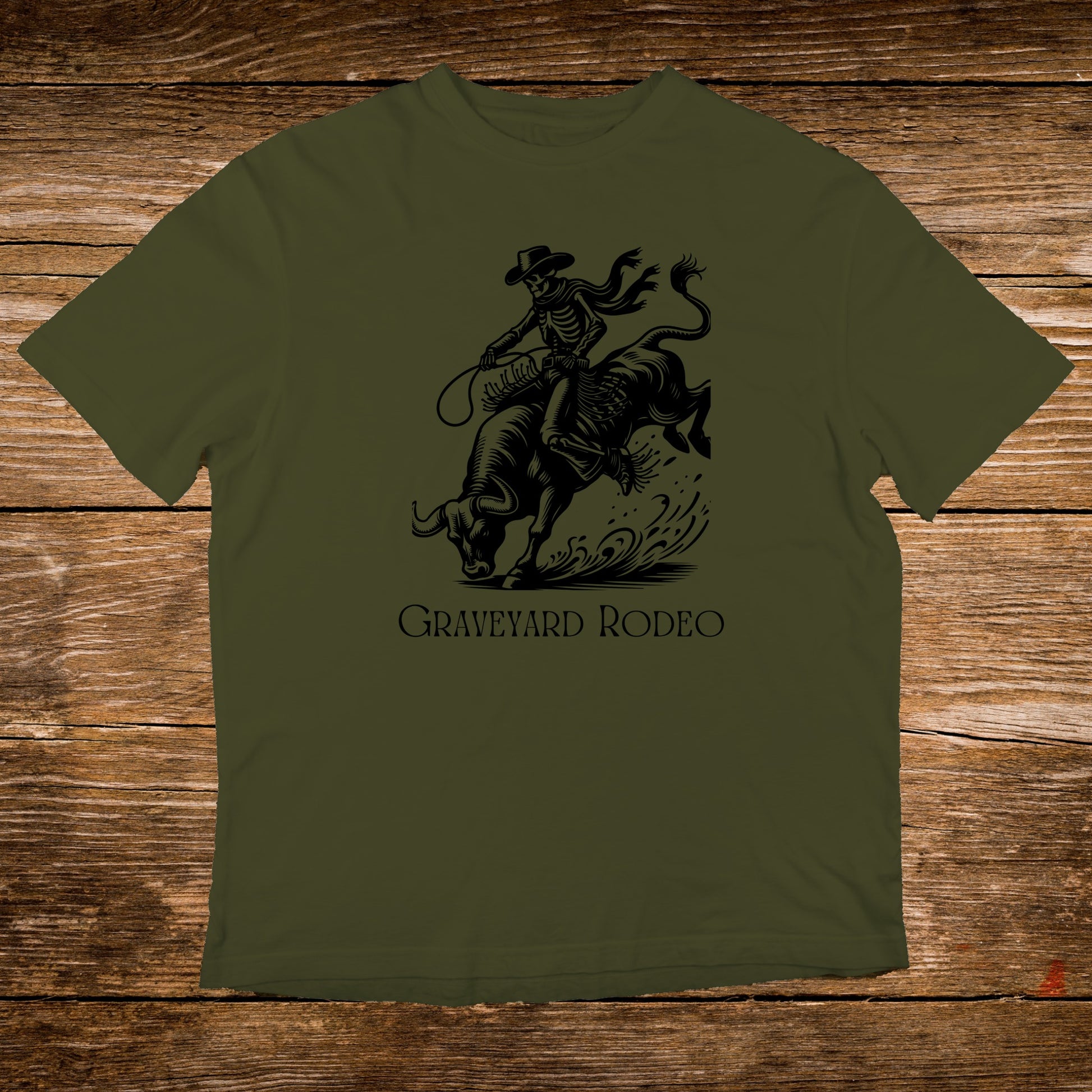 Olive green t-shirt with "Graveyard Rodeo" text and a skeleton riding a bull graphic.