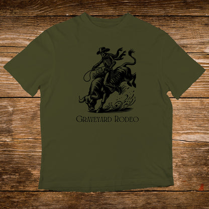Olive green t-shirt with "Graveyard Rodeo" text and a skeleton riding a bull graphic.