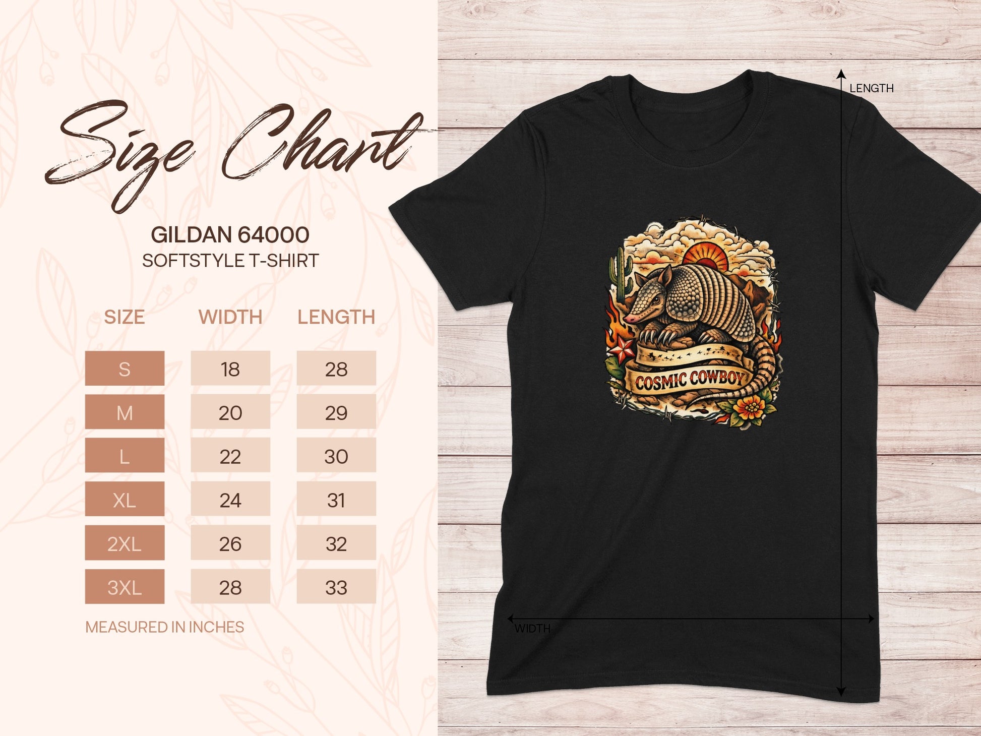 Gildan 64000 softstyle t-shirt size chart with Cosmic Cowboy graphic.